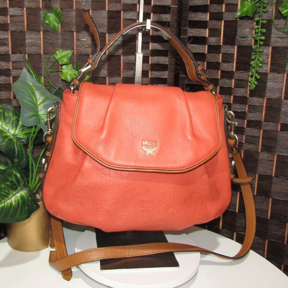 AUTH MCM CORAL BROWN MONOGRAM  LEATHER  2 WAY BAG